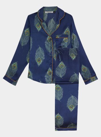 Women's Satin Pyjama Trouser Set - Navy Peacock Feather
