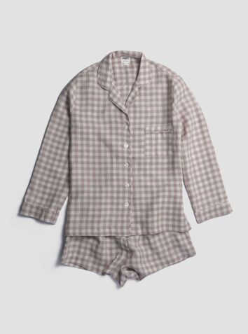 Linen Pyjama Shorts Set - Mushroom Gingham