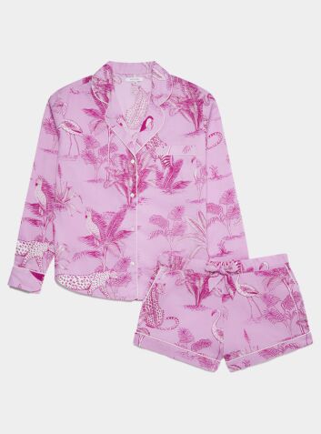 Women's Organic Cotton Pyjama Long Sleeve Short Set - Pink Botanical Jungle