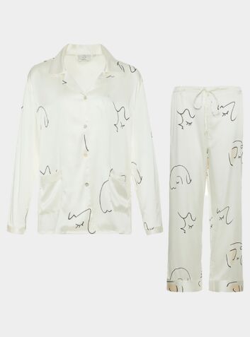 Printed Silk Trouser Pyjama Set - White
