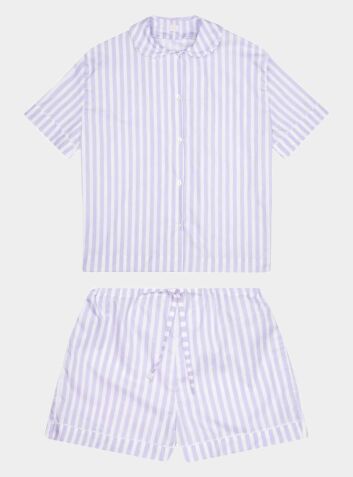 Cotton Poplin Pyjama Short Set - Lilac and White Stripe