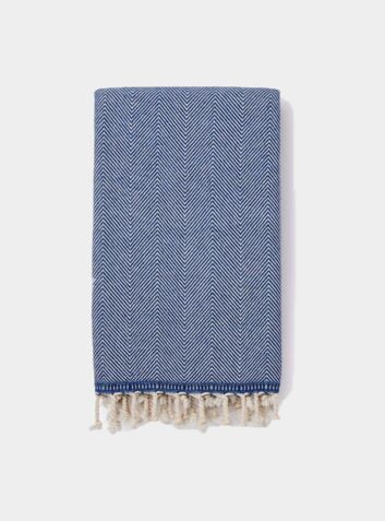 Sema Herringbone Cotton & Wool Blend Blanket - Denim