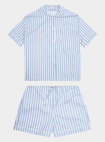 Cotton Poplin Pyjama Short Set - Blue and White Stripe