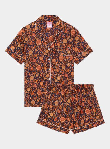 Handmade Silk Pyjama Short Set - Orange Floral