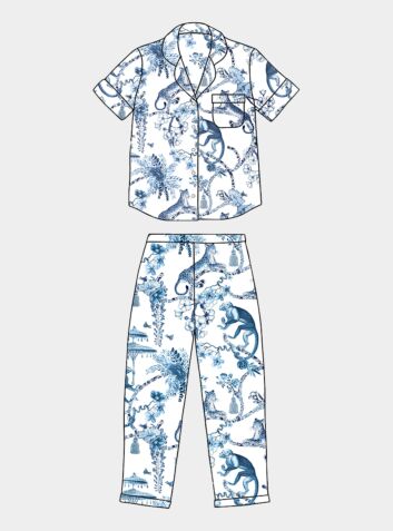 Women's Organic Cotton Pyjama Short Sleeve Trouser Set - Chinoiserie Whimsy