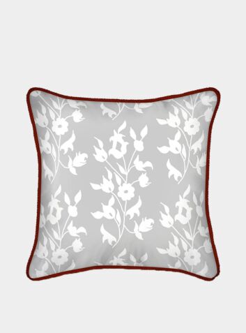 Silk Cushion - White Foliage on Grey