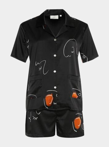 Silk Printed Short Pyjama Set - Black