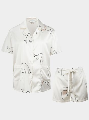 Women's Silk Printed Short Pyjama Set - White