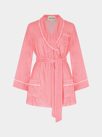 Velvet Piped Short Silk Robe - Cloud Pink