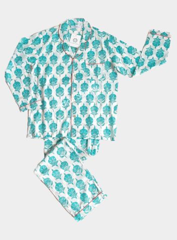 Women's Cotton Pyjama Trouser Set - Ottoman Turquoise