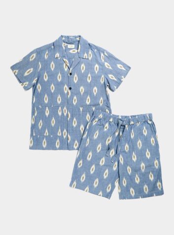 Unisex Cotton Pyjama Short Set - Blue Ikat
