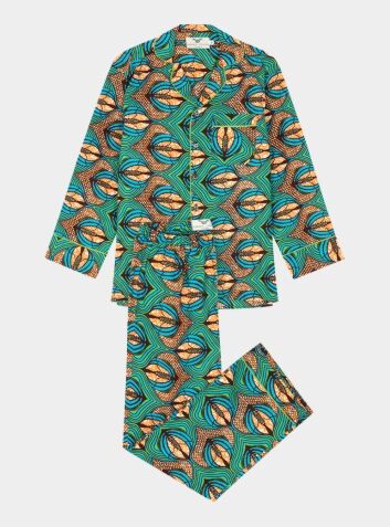 Unisex Long Sleeve African Print Pyjama Trouser Set - Green Feather