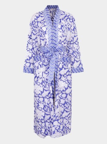 Hand Printed Kimono Cotton Robe - China Blue
