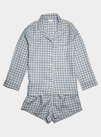Women's Warm Blue Gingham Linen Pyjama Short - Set/Separate