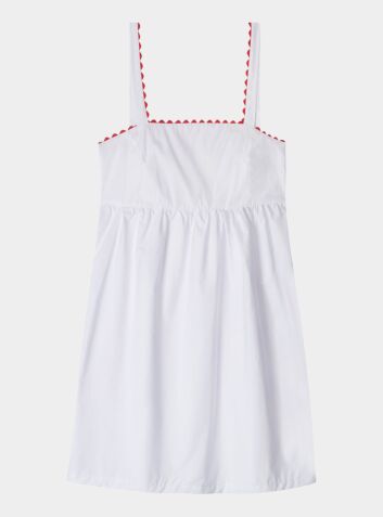 White Mini Nightdress With Red Ric Rac - 100% Cotton Poplin