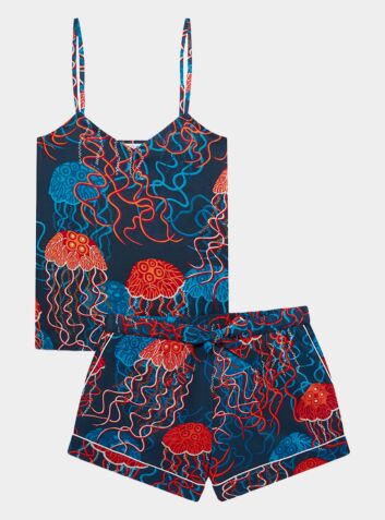 Women's Cotton Cami Short Set - Jellyfish on Dark Green