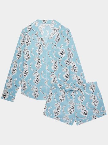 Women's Cotton Long Sleeve Pyjama Short Set - Blue Leopards (Non-Organic)