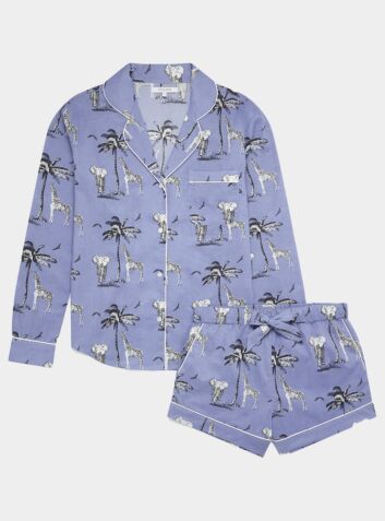Women's Cotton Long Sleeve Pyjama Short Set - Lavender African Safari