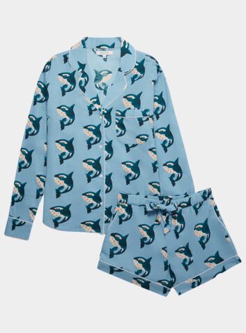 Women's Cotton Long Sleeve Pyjama Short Set - Whales on Blue