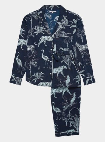 Women's Cotton Pyjama Trouser Set - Navy Botanical Jungle