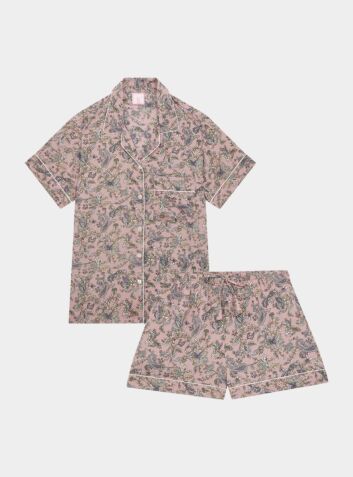 Handmade Silk Pyjama Short Set - Pale Pink Paisley