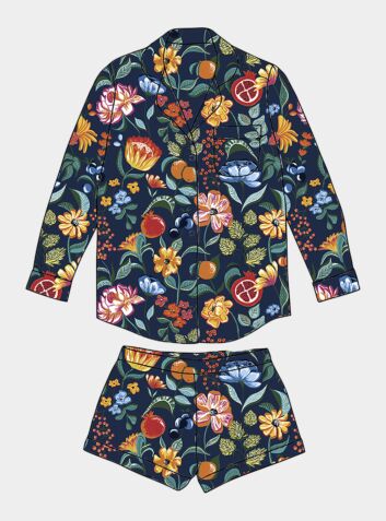 Women's Organic Cotton Long Sleeve Pyjama Short Set - Florals on Navy