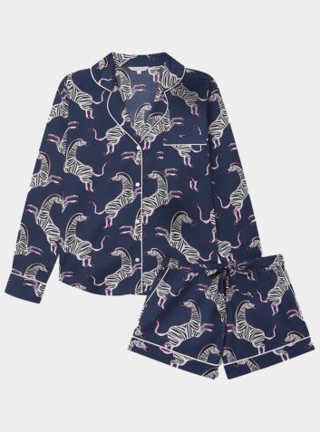 Women's Organic Cotton Long Sleeve Pyjama Short Set - Pink Zebra on Navy
