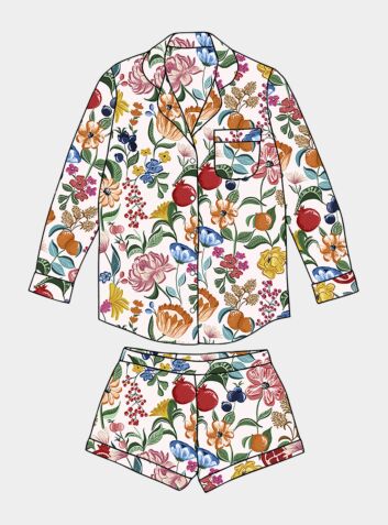 Women's Organic Cotton Long Sleeve Pyjama Short Set - Floral on White