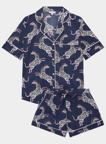 Women's Organic Cotton Pyjama Short Set - Pink Zebra on Navy