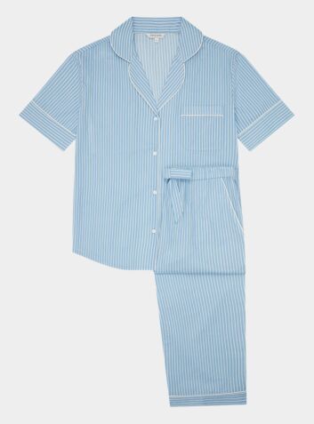 Blue & White Stripe Women's Short Sleeve Organic Cotton Pyjama Trouser Set