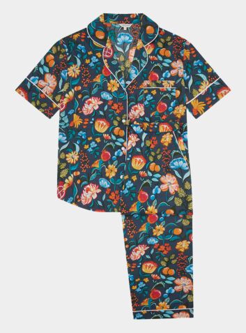 Florals on Navy Women's Short Sleeve Organic Cotton Pyjama Trouser Set