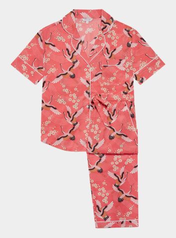 Women's Organic Cotton Short Sleeve Pyjama Trouser Set - Japanese Crane on Coral