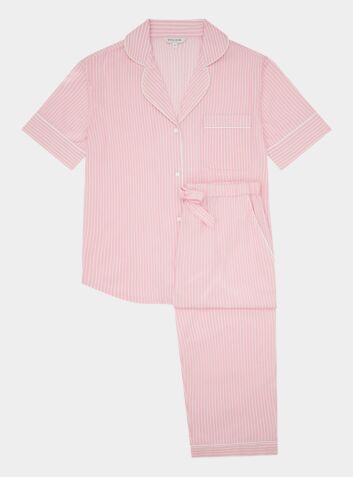Women's Organic Cotton Short Sleeve Pyjama Trouser Set - Pink & White Stripe