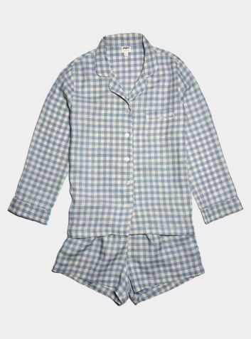 Warm Blue Gingham Linen Pyjama Shorts Set