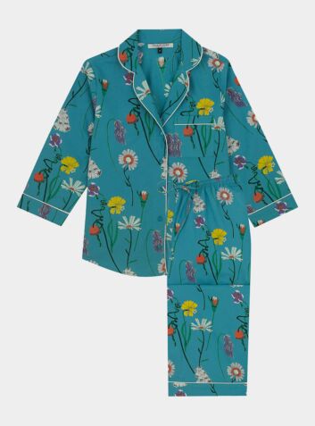 Women's Cotton Pyjama Capri Trouser Set - Teal Field Flower
