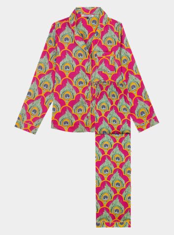 Women's Satin Pyjama Trouser Set - Hot Pink Peacock Tile