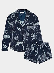 Women's Cotton Long Sleeve Pyjama Short Set - Navy Botanical Jungle