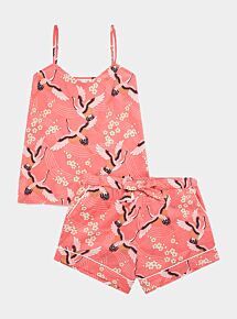 Women's Organic Cotton Cami Short Set - Japanese Crane on Coral