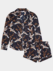 Women's Cotton Long Sleeve Pyjama Short Set - Japanese Crane on Black (SALE)