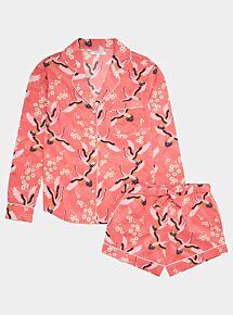 Women's Organic Cotton Long Sleeve Pyjama Short Set - Japanese Crane on Coral