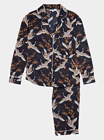 Women's Cotton Pyjama Trouser Set - Japanese Crane on Black (SALE)