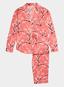 Women's Organic Cotton Pyjama Trouser Set - Japanese Crane on Coral