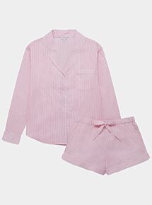 Women's Organic Cotton Long Sleeve Pyjama Short Set - Pink & White Stripe