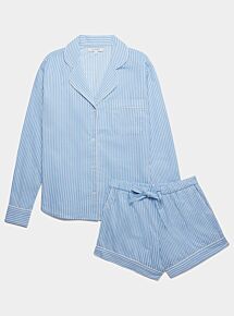 Women's Cotton Long Sleeve Pyjama Short Set - Blue & White Stripe