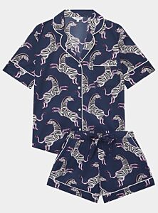 Pink Zebra on Navy Women's Short Sleeve Organic Cotton Pyjama Short Set