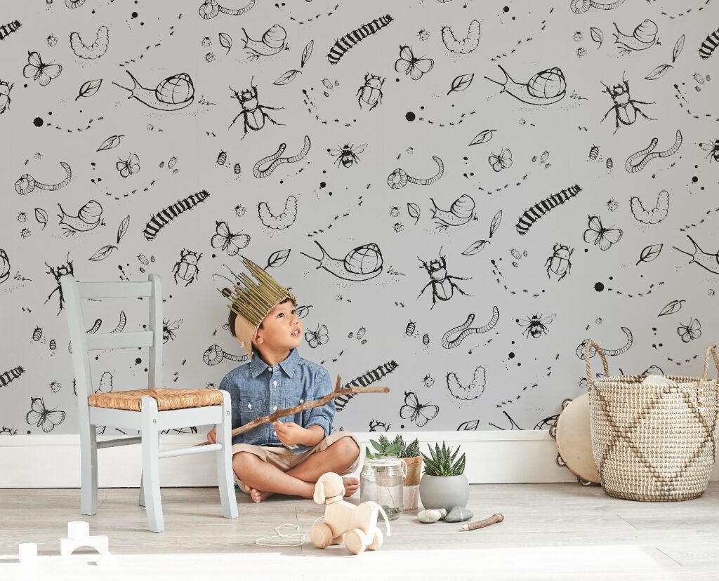 Kids Bedroom Interior Design Tips - Beau&Bear - Mini Beasts Wallpaper - Grey