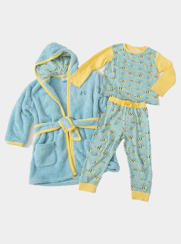 Luca and Rosa - Boys Dressing Gown and Jersey Pyjamas Luxury Gift Set - Busy Bees
