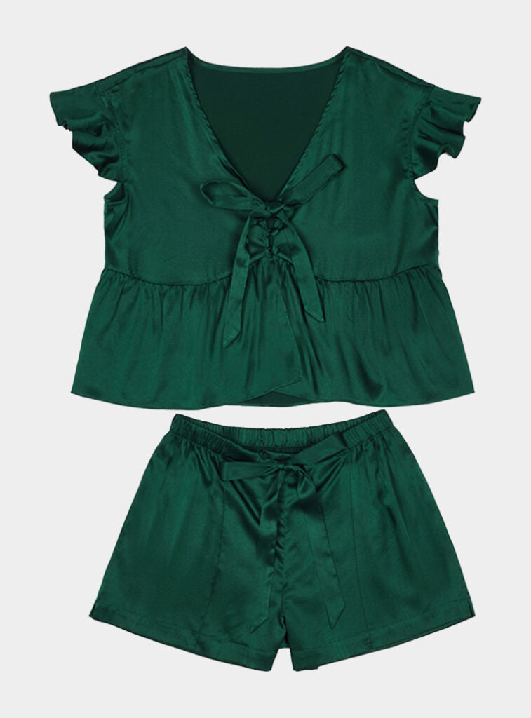 Sleepy Halloween Costumes For All Ages - Not Just Pajama - Flutter-Sleeves Silk Pyjama Short Set - Dark Green